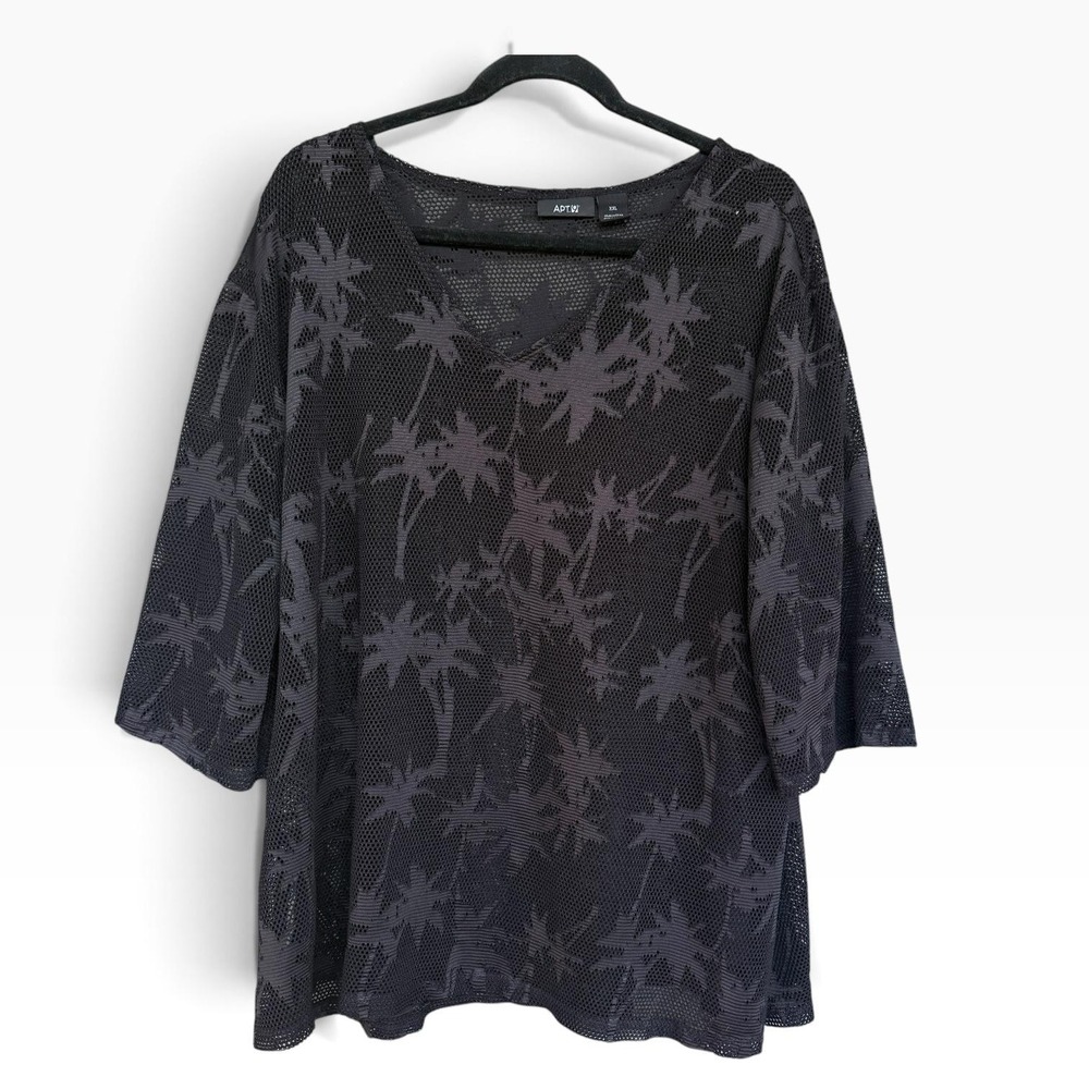 Apt. 9 Cover Up Womens XXL Black Palm Tree Mesh Sheer 3/4 Sleeve Beach Swim